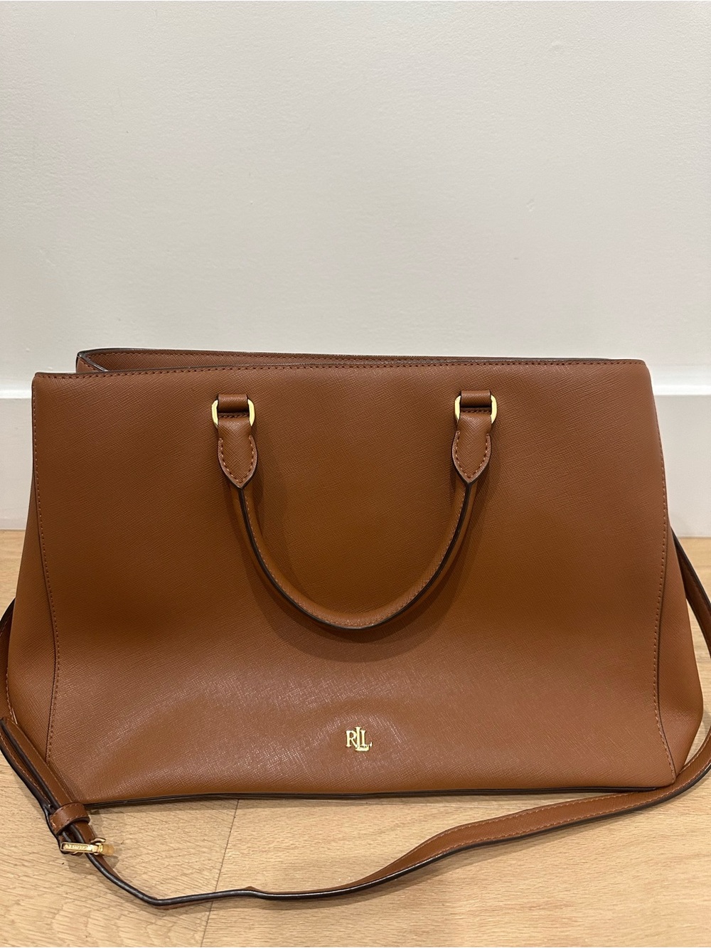 RALPH LAUREN Crosshatch Leather Large Hanna Satchel Bag Purse Lauren Tan